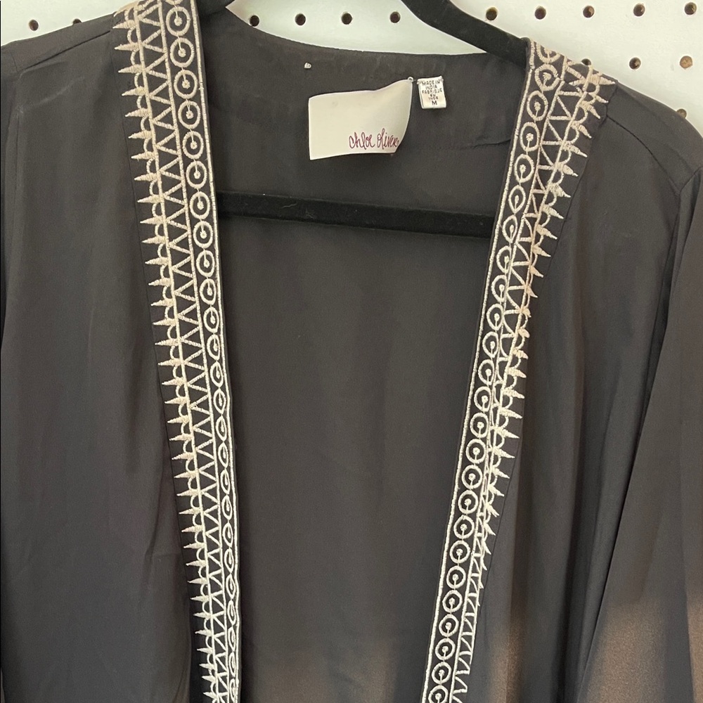 Anthropologie Black Sheer Kimono with White Embroidery